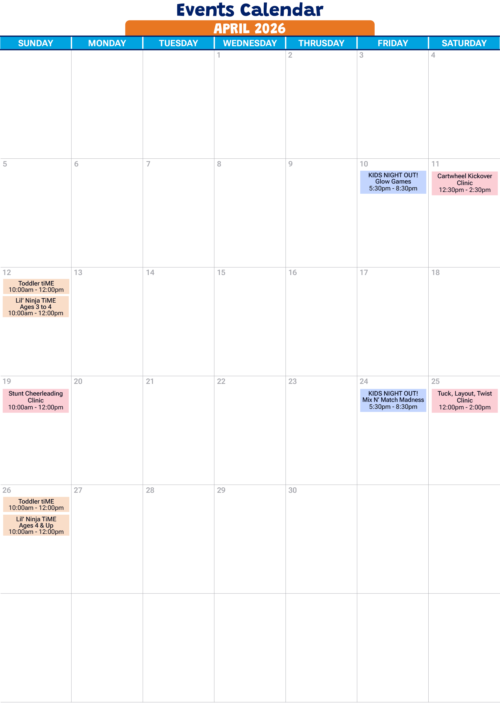 April 2026 events calendar