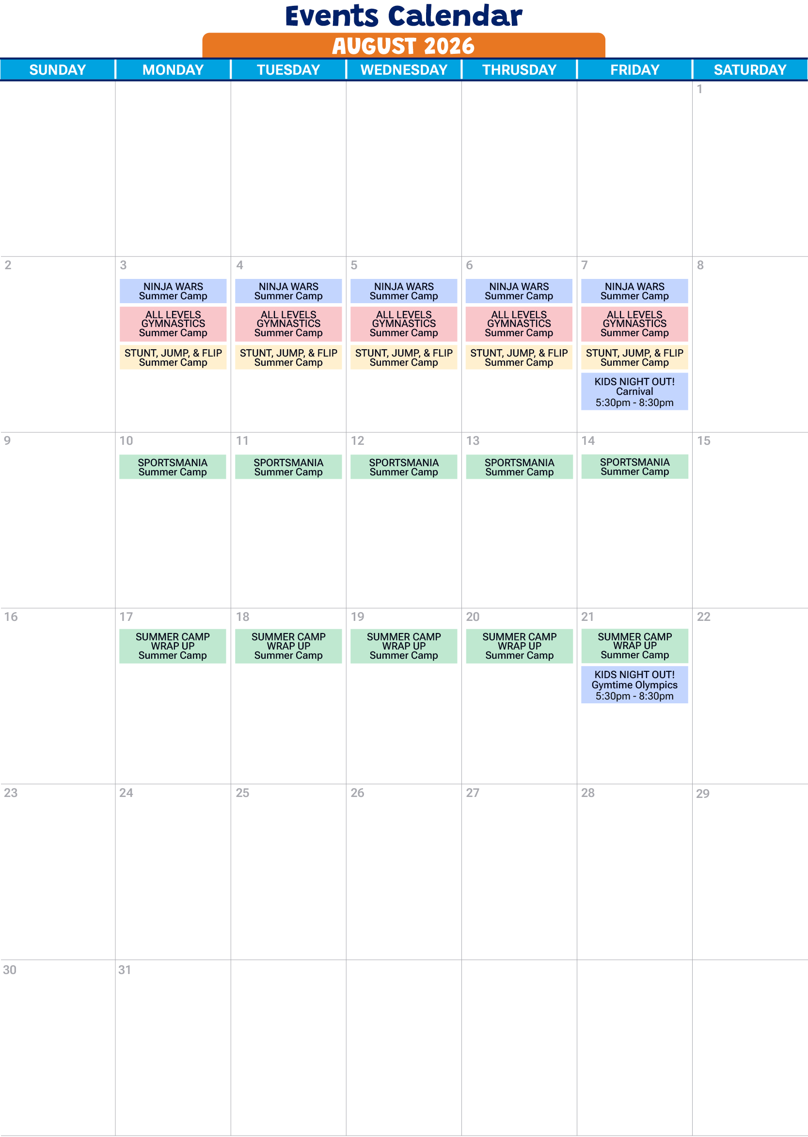 August 2026 events calendar