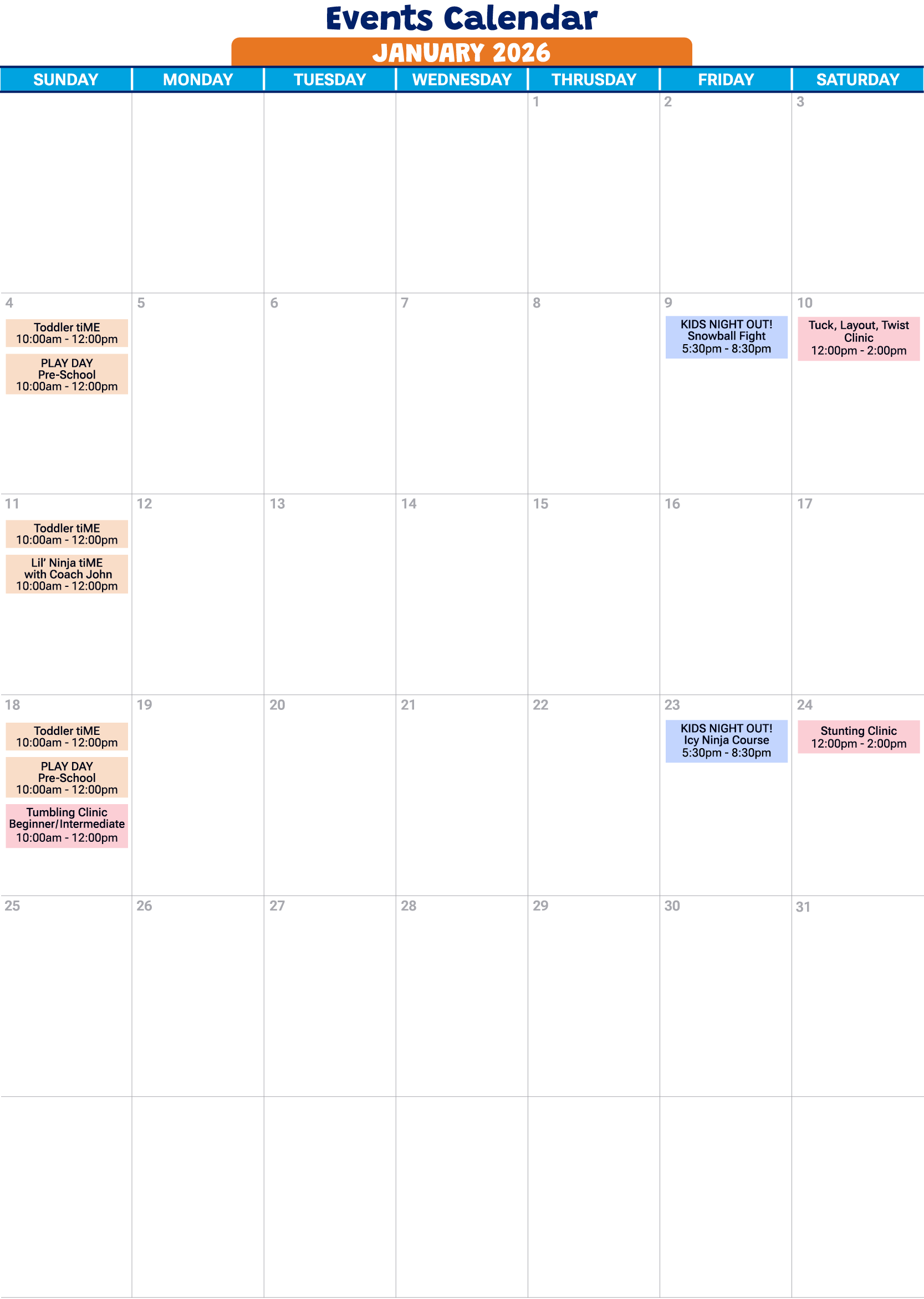 January 2026 events calendar
