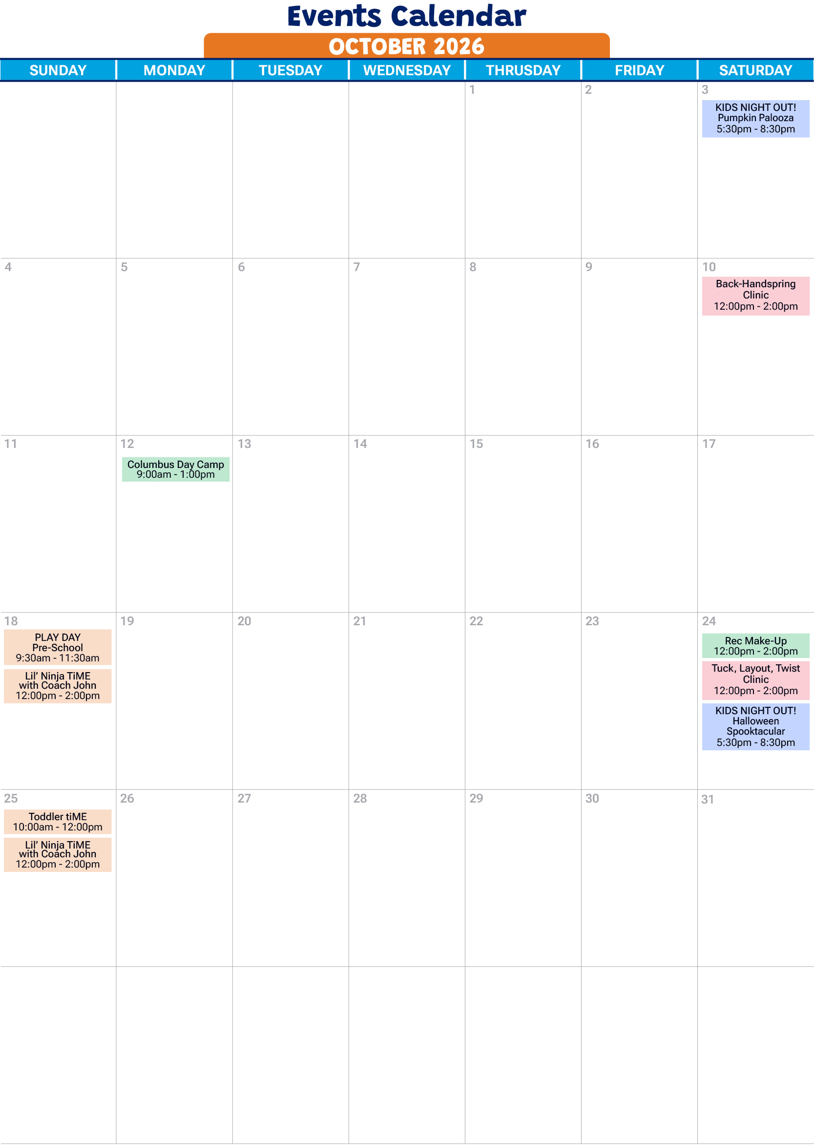 October 2026 events calendar